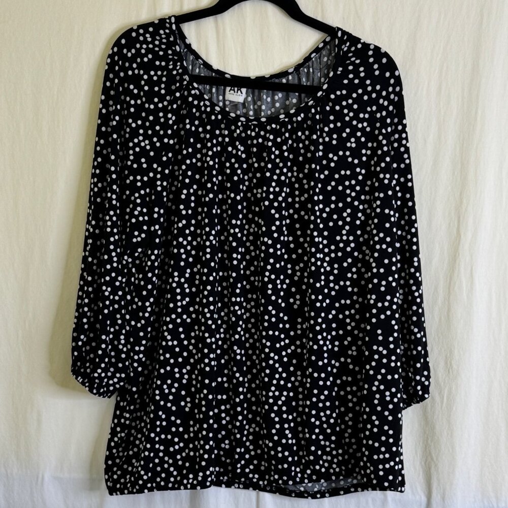 Anne Klein Blouse Women's Size 2X Black with White Polka Dots Elastic Hem